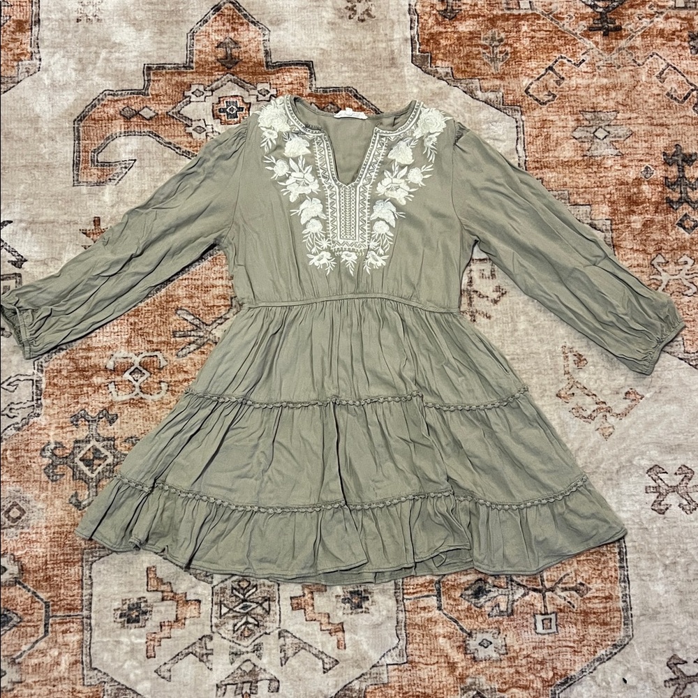 Solitaire Green Embroidered Long Sleeve Coverup Dress